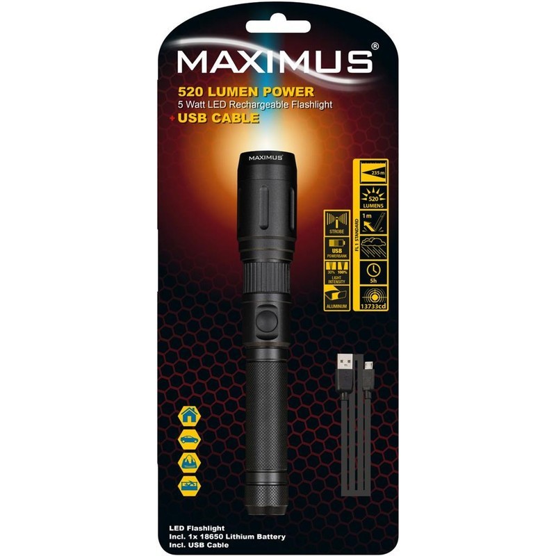 MAXIMUS ΦΑΚΟΣ ΜΠΑΤΑΡΙΑΣ LED  ΕΠΑΝΑΦΟΡΤΙΖΟΜΕΝΟΣ 520 LUMENS ΕΩΣ 195 Μ ΜΕ POWERBANK 15X3,2 CM