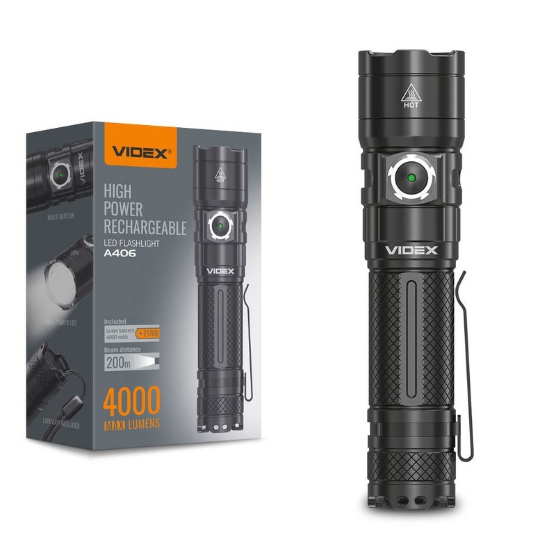 VIDEX Επαναφορτιζόμενος Φακός Χειρός 4000LM IP68